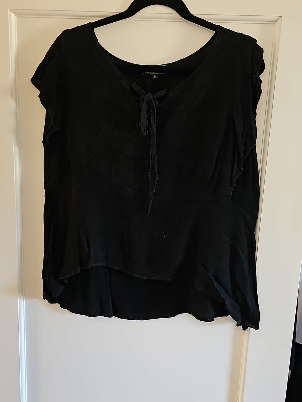 POL Black Tie-Neck Ruffle Sleeve Blouse